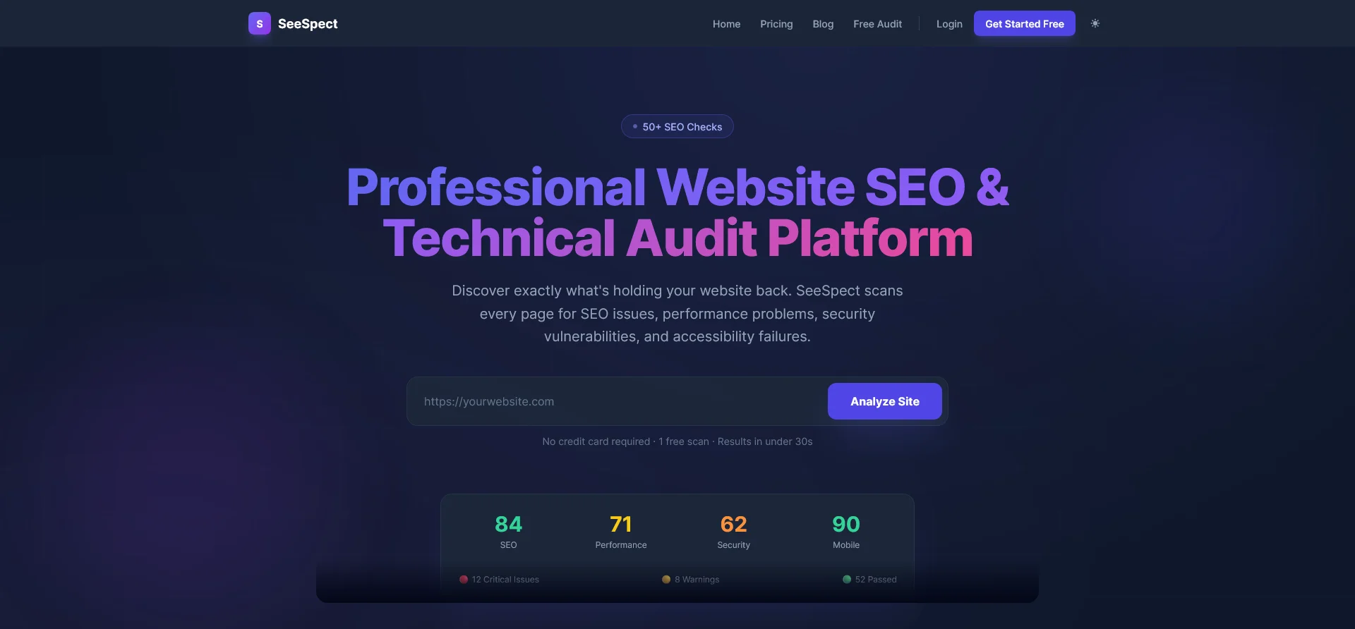 SeeSpect SEO audit dashboard overview