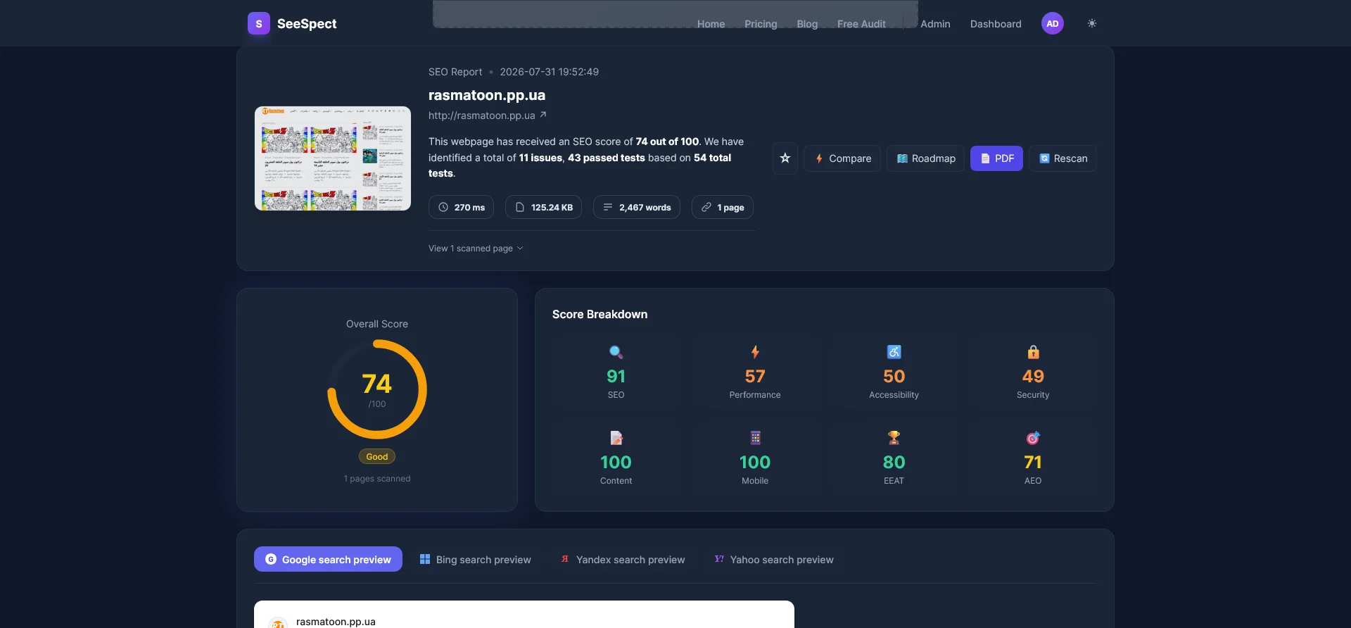 SeeSpect accessibility and security scan results
